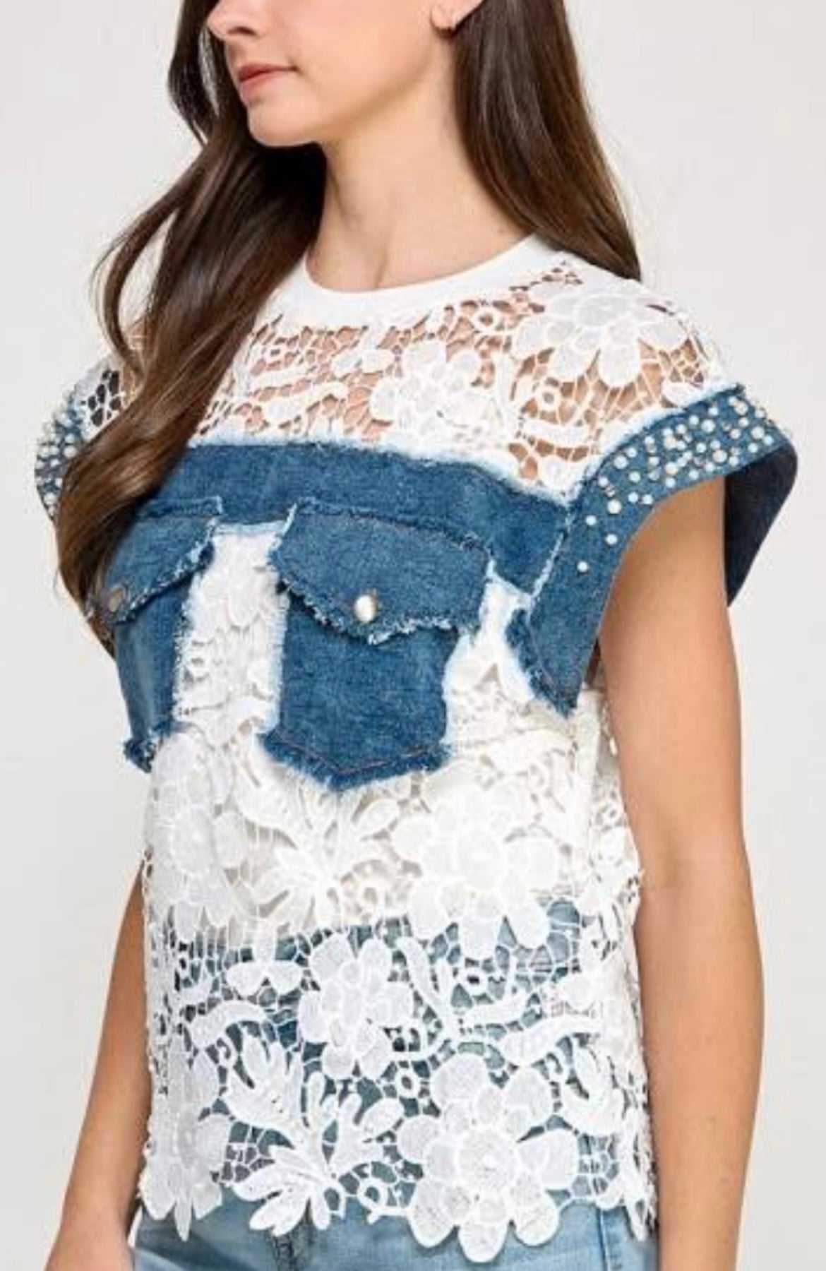 DAISY LACE & DENIM TOP