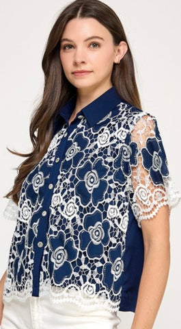 NAVY FLORAL CROCHET TOP