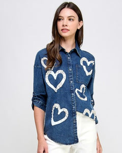 SWEET HEART RINESTONES & PEARL DENIM BLOUSE