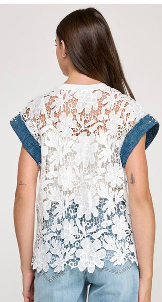 DAISY LACE & DENIM TOP