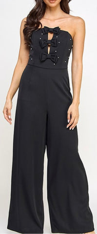 STRAPLES BOW & PEARLS BLACK JUMPSUIT