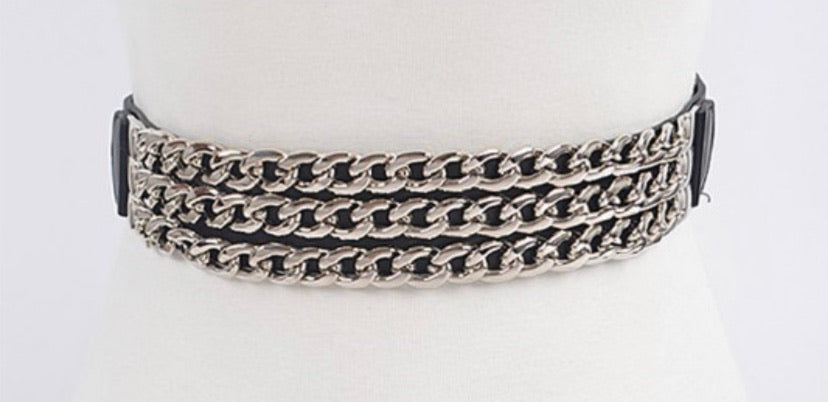 BLACK/ SILVER MULTI LAYERED CHAIN ELASTIC BELT