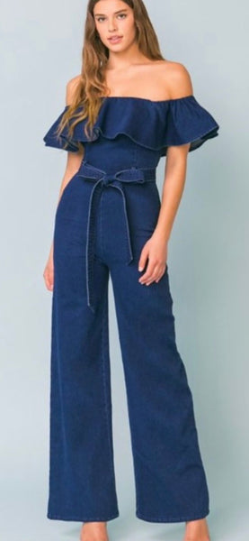 DENIM RUFFLE JUMPSUIT