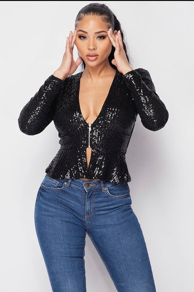 BLACK SEQUIN PEPLUM TOP