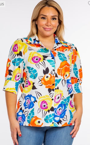 CURVY/PLUS MULTI FLORAL BLOUSE