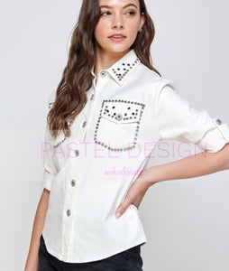 STUDDED WHITE DENIM TOP