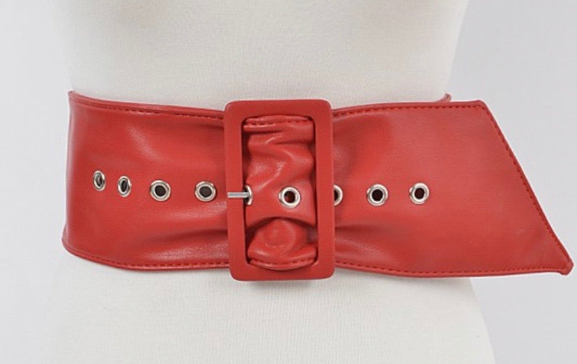 RED MONOTONE LEATHER BUCKLE BELT