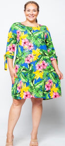 CURVY TROPICAL PRINT TIE SLEEVE DRESS