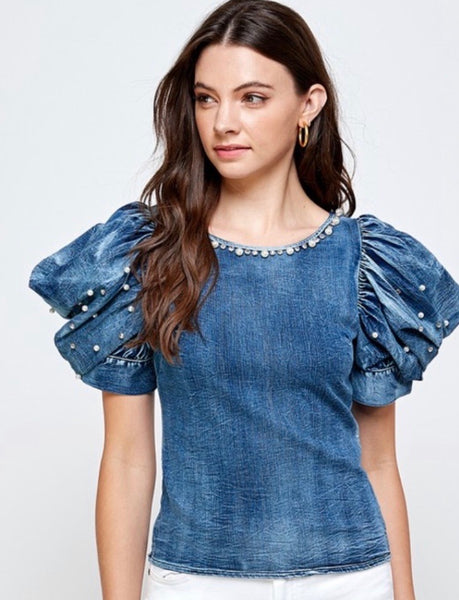 DEMIN PEARL & RINESTONE RUFFLE SLEEVE TOP