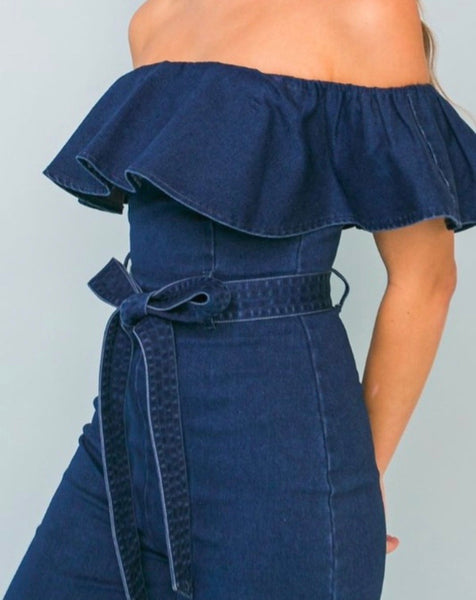 DENIM RUFFLE JUMPSUIT