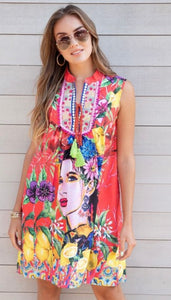 TROPICAL FRUIT EMBROIDERED & BEADED TUNIC DRESS