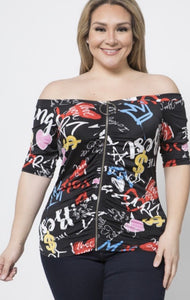 GRAFFITI PRINT ZIP OFF SHOULDER TOP