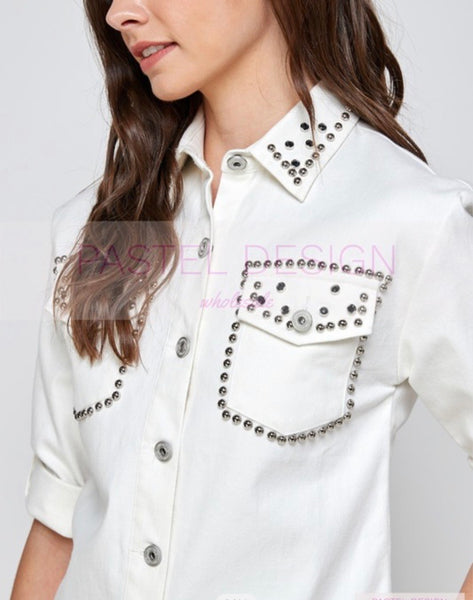 STUDDED WHITE DENIM TOP