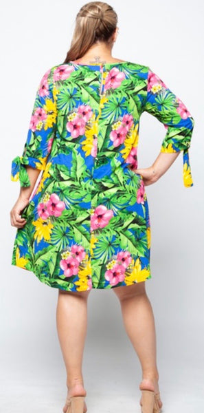 CURVY TROPICAL PRINT TIE SLEEVE DRESS